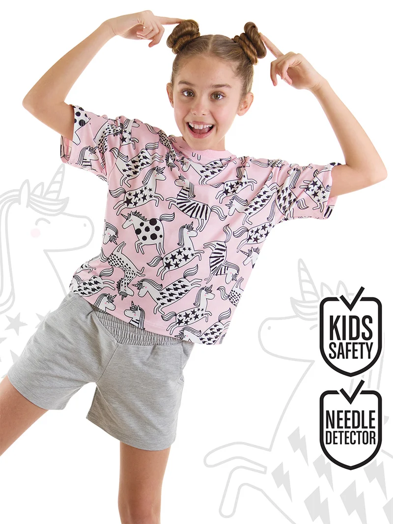 ج&مشب طقم بناتي بتيشيرت قصير وشورت بتصميم وحيد القرن